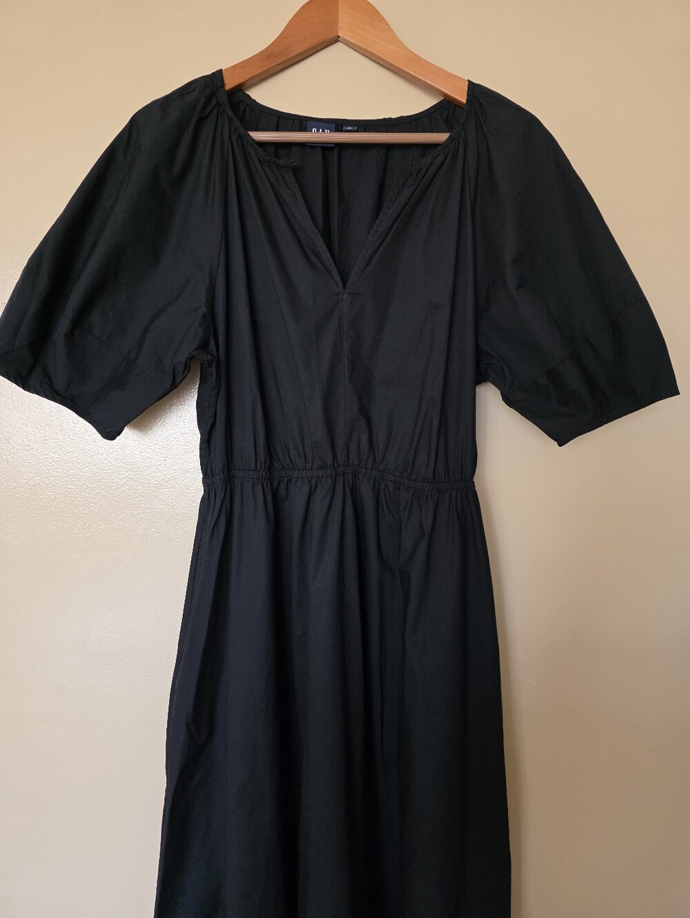 GAP Puff Sleeve Cotton Black Midi Dress M Tall Pockets Dark Cottagecore Romantic